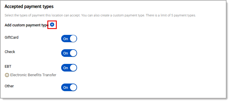 Accepted payment types section with the plus icon button highlighted.