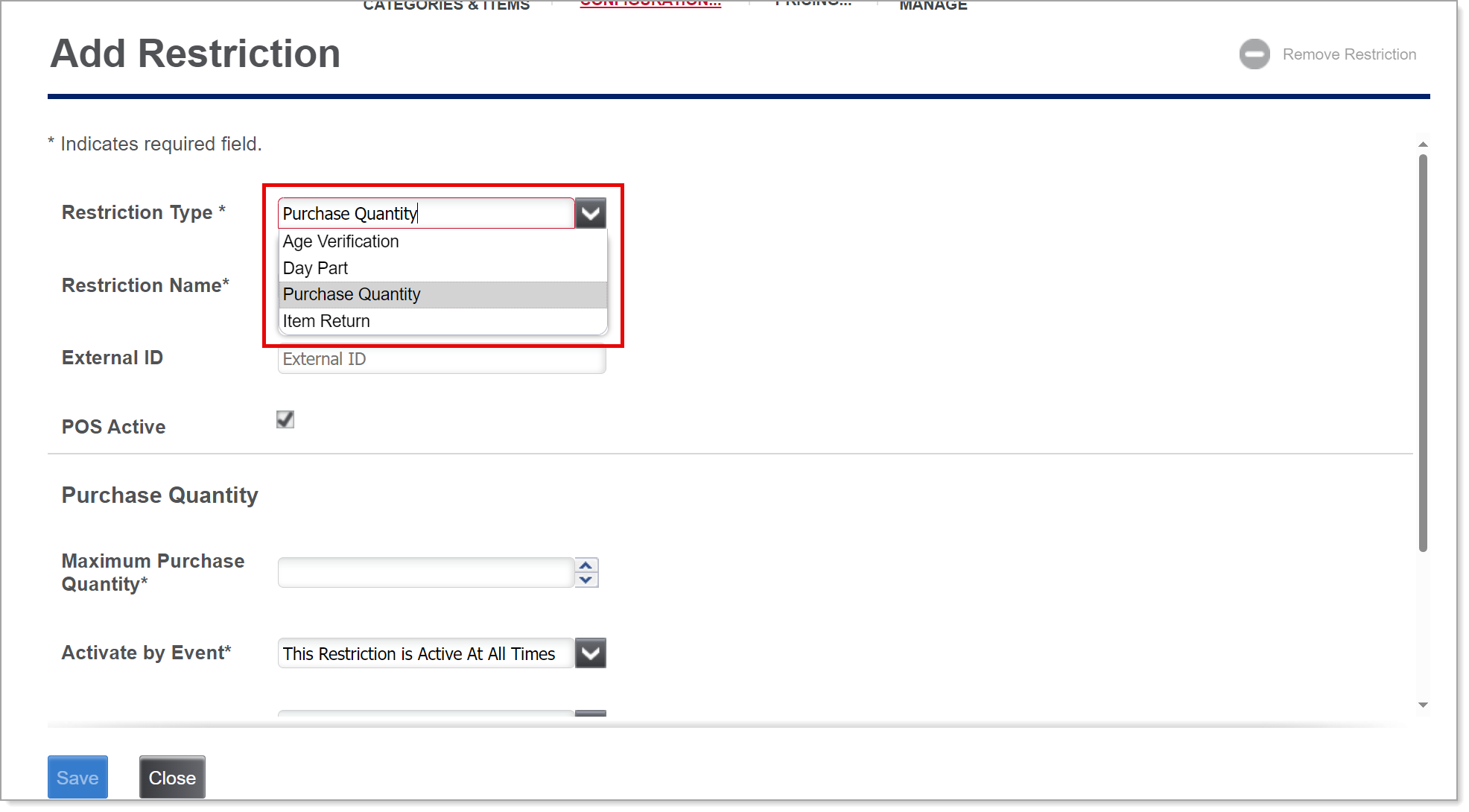 restriction type dropdown