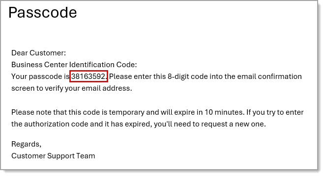 Email of passcode highlighted.