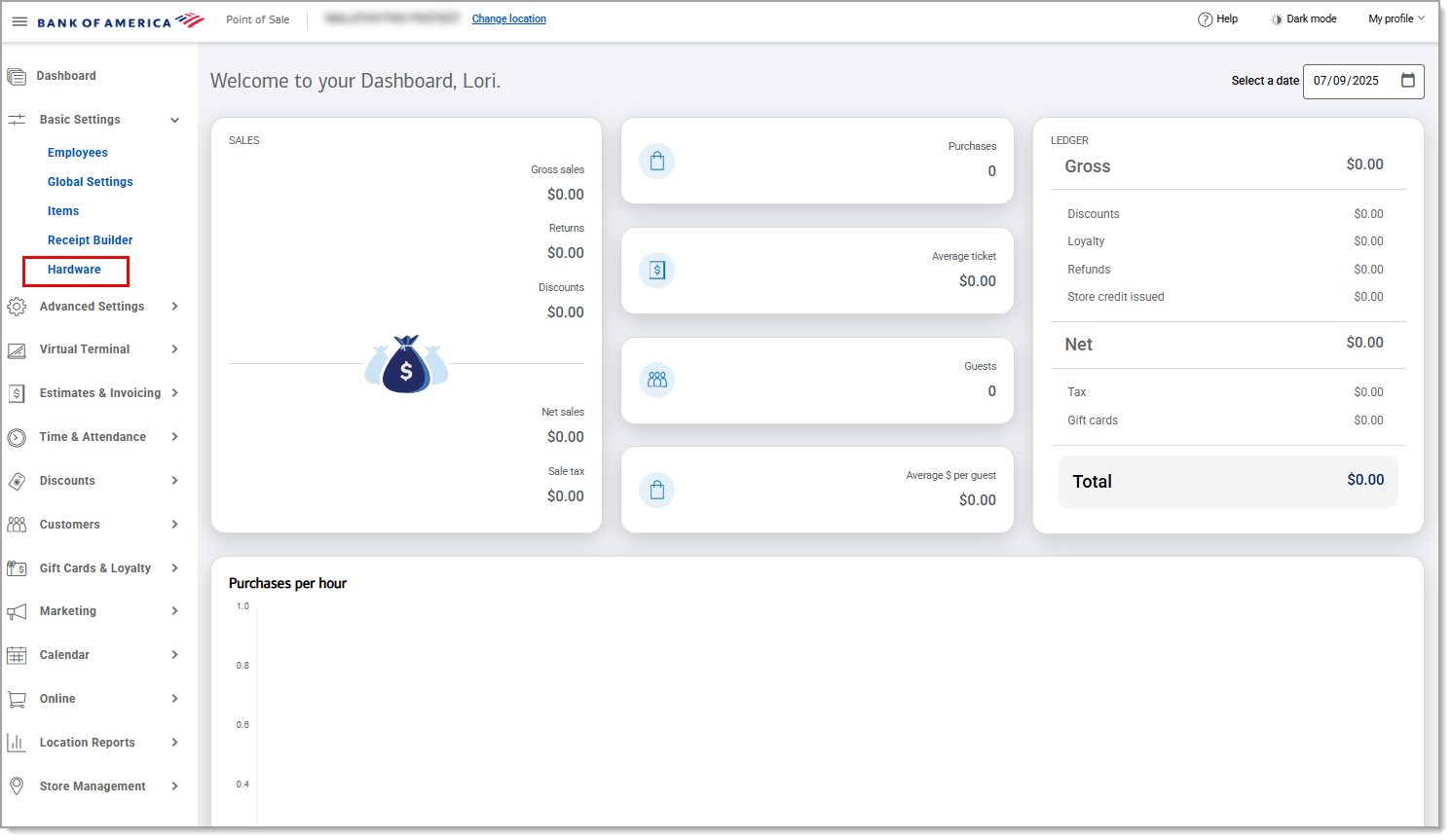 Hardware highlighted under Basic Settings tab from the navigation menu.