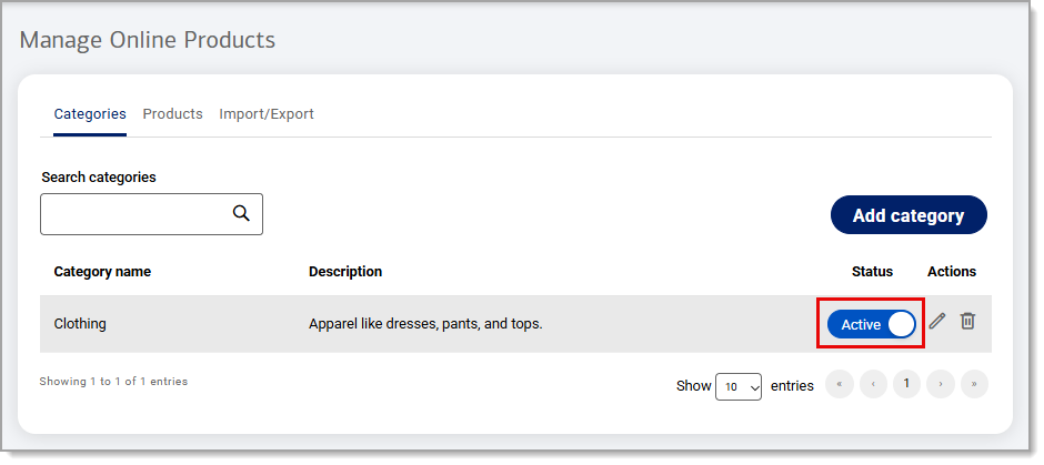 Status toggle highlighted under the Manage Online Products display.