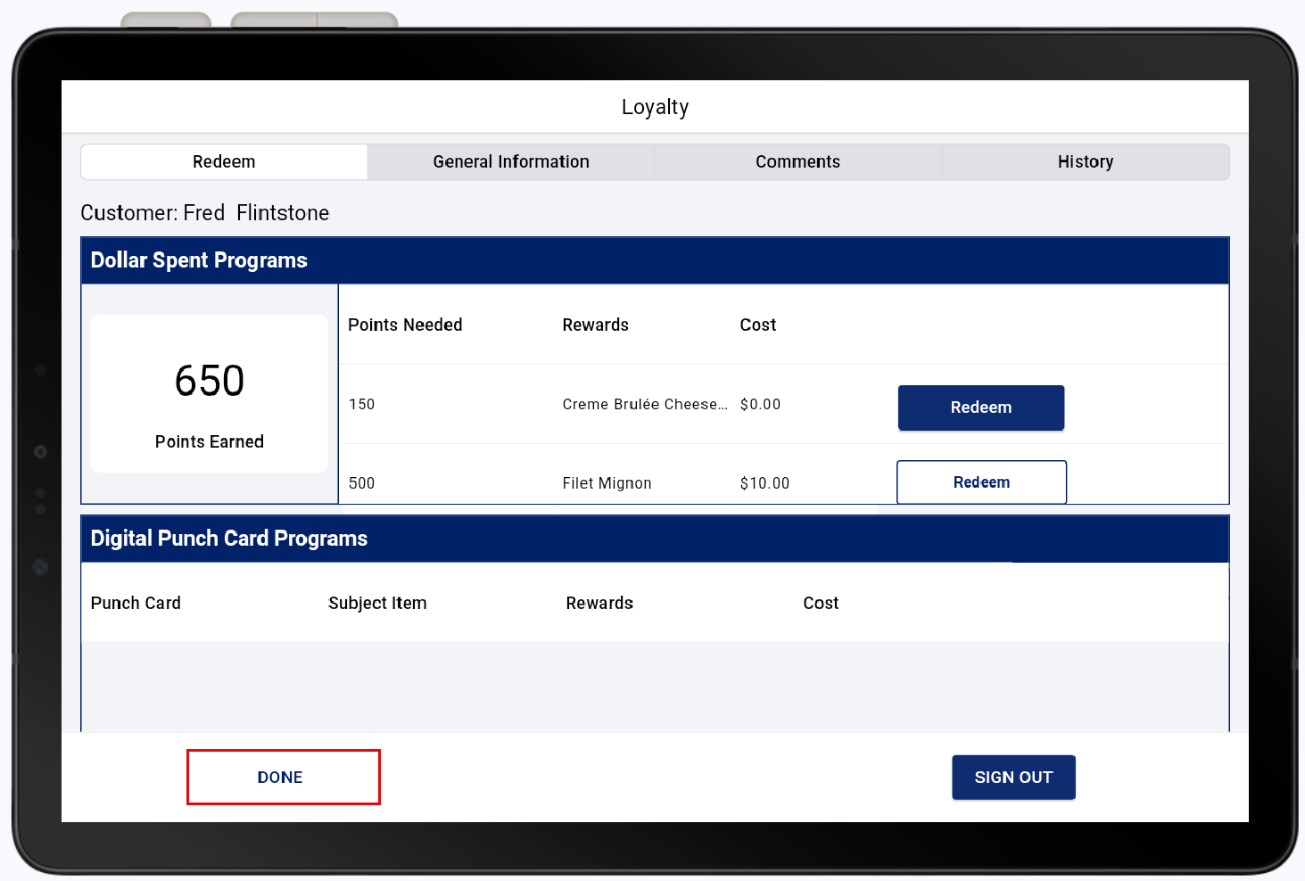 Done highlighted in the customer loyalty redeem tab.