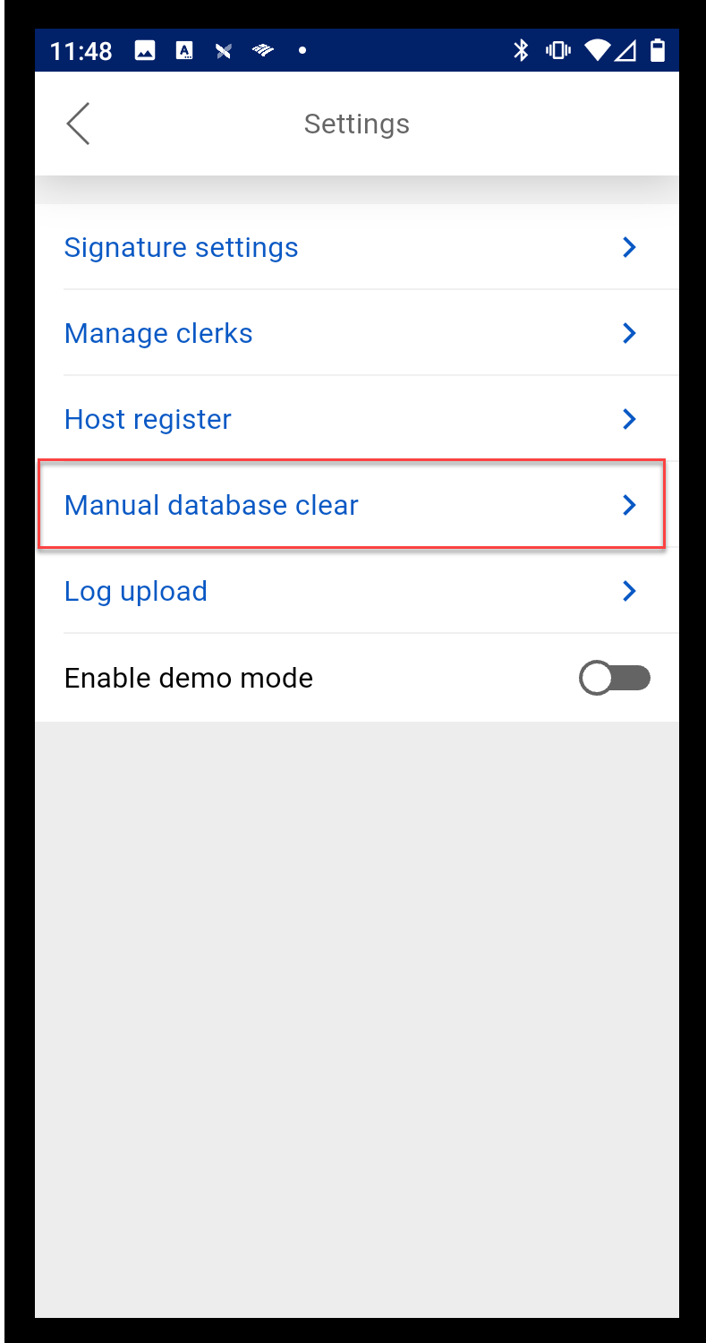 Settings menu with manual database clear highlighted