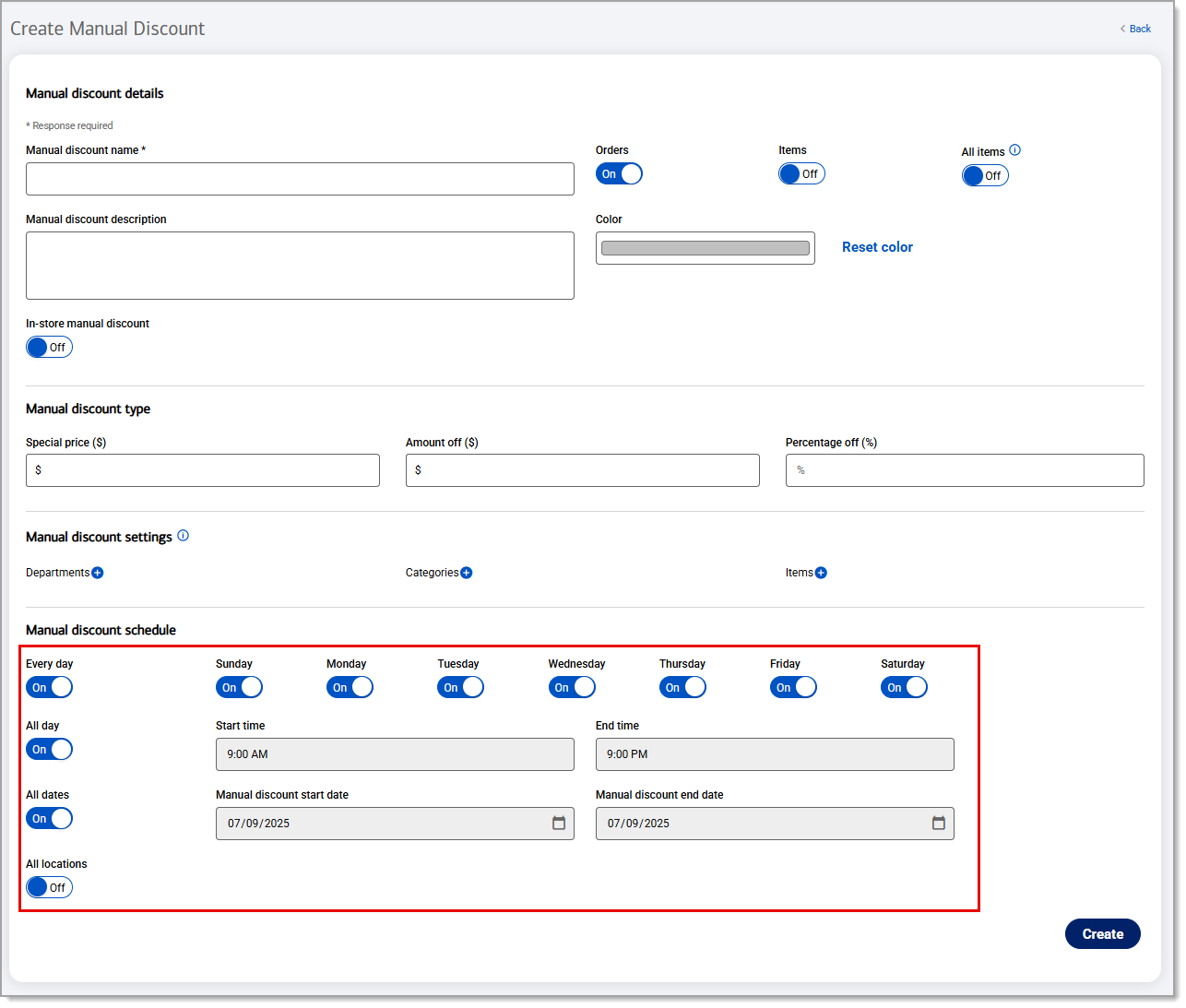Highlighted Manual discount schedule options with toggles.
