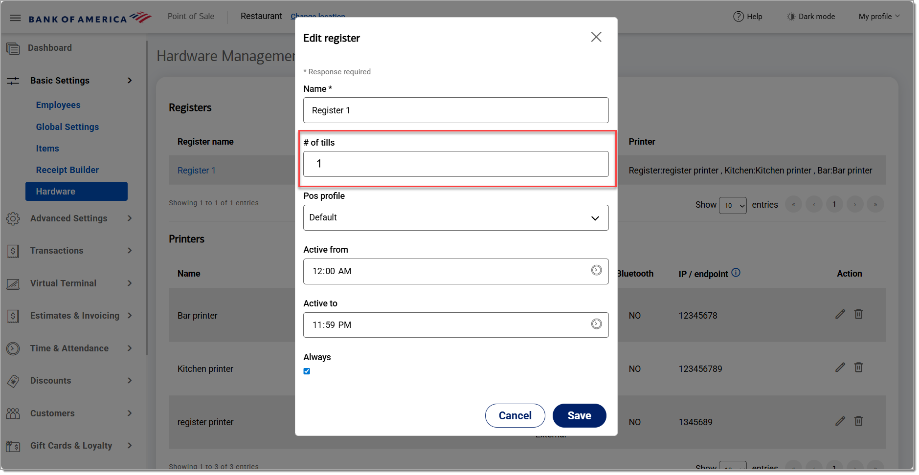 set number of tills to 1