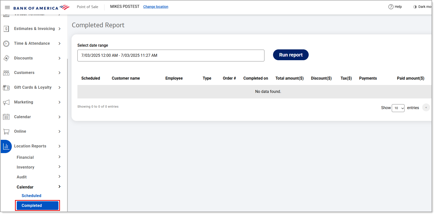 Completed orders report window