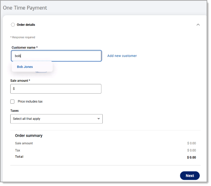 One Time Payment Order details section.