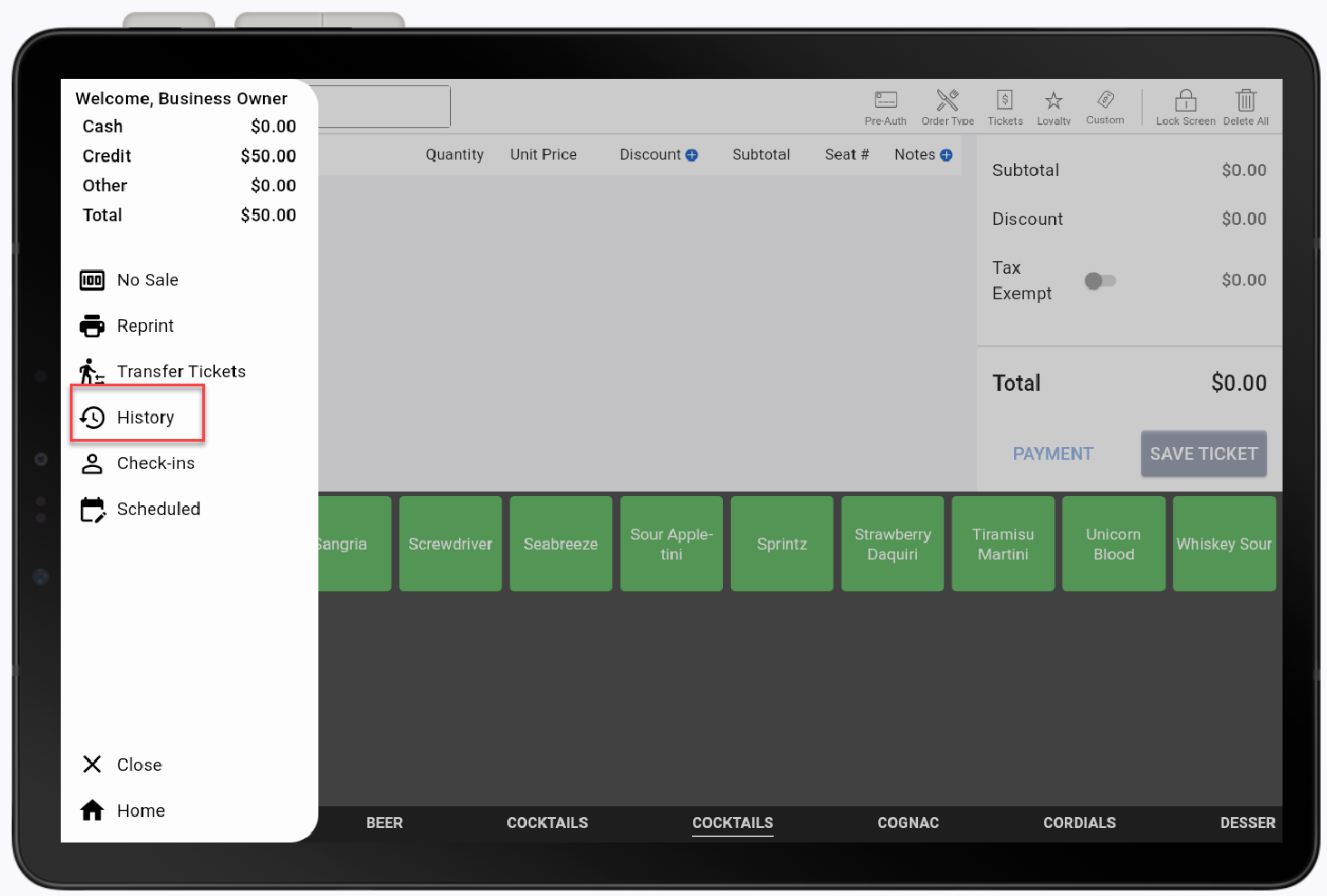 orders menu with history highlighted