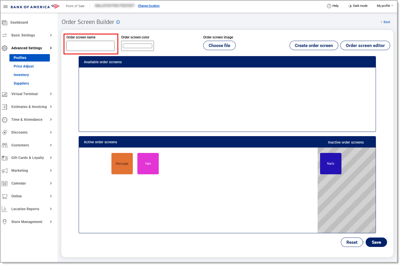 Order screen name field highlighted under the order screen builder.