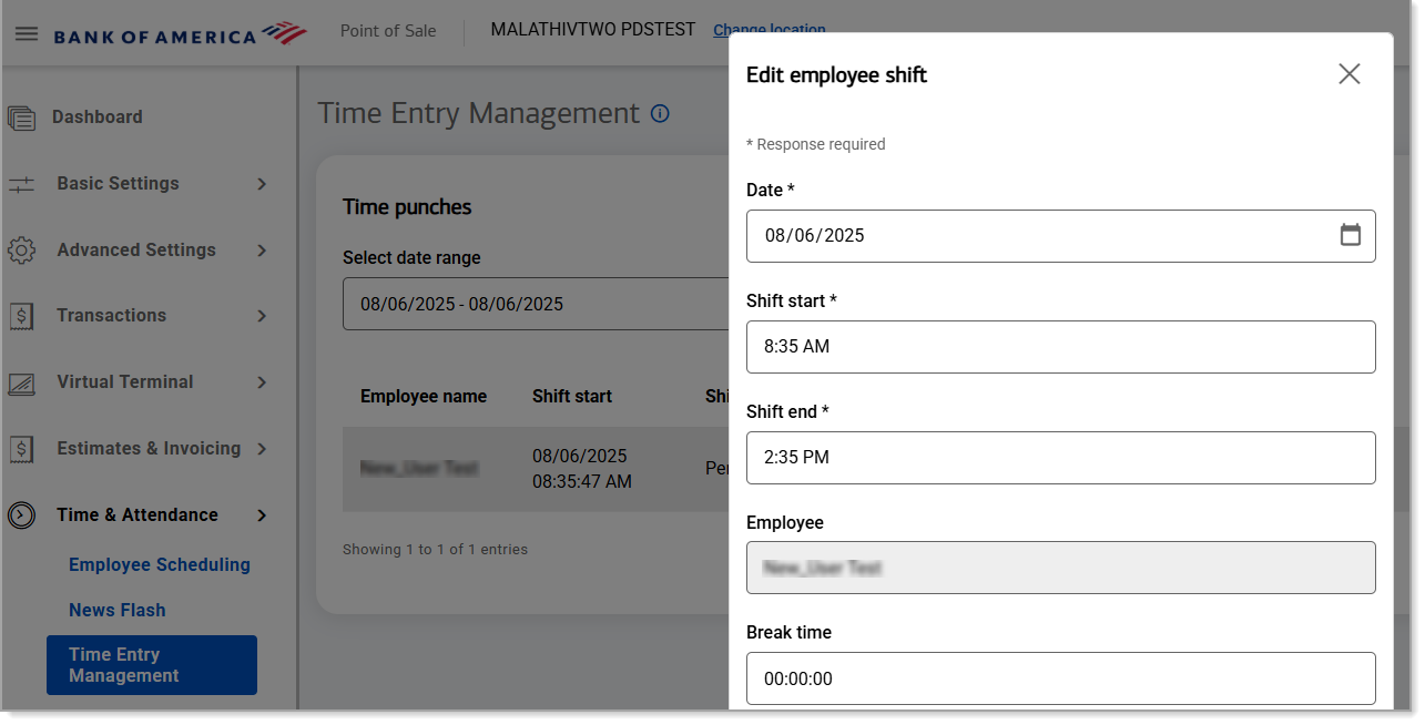 Edit employee shift screen
