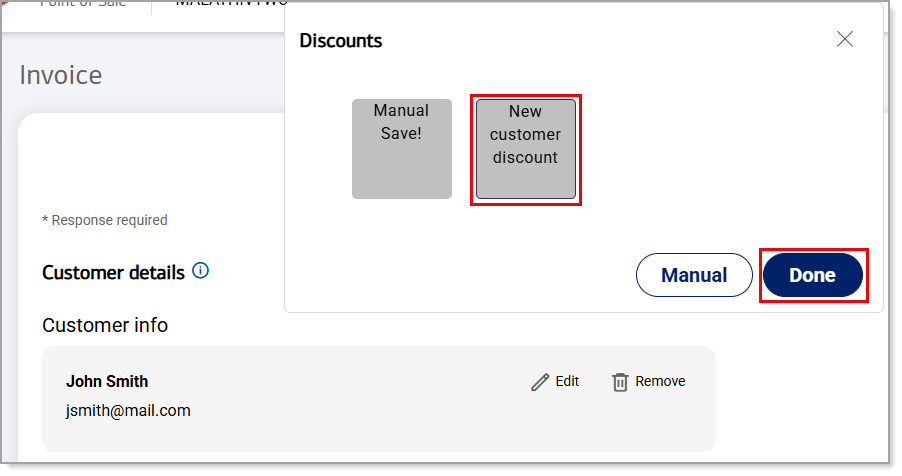 Manual Discount button to apply a preset discount