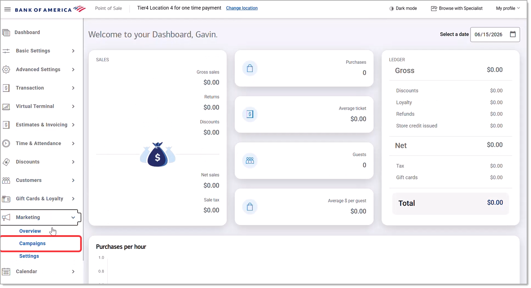 Marketing Campaigns menu option with Campaigns Dashboard displaying