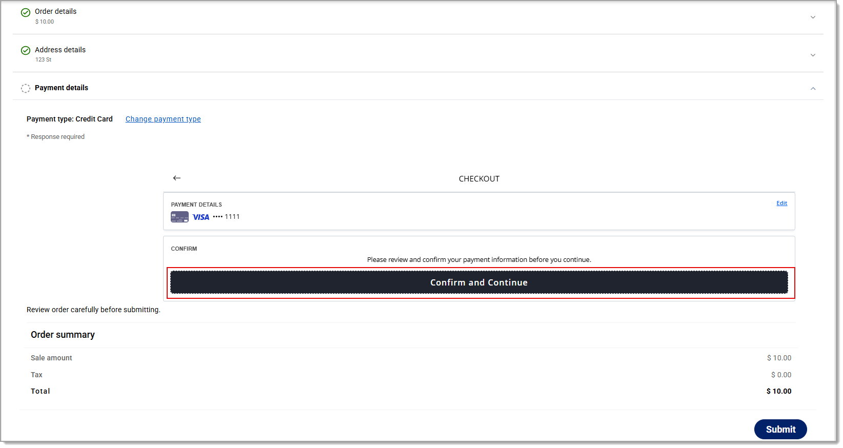 Confirm and Continue option for payment details