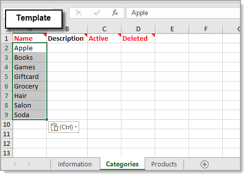 Name column filled in the template spreadsheet.