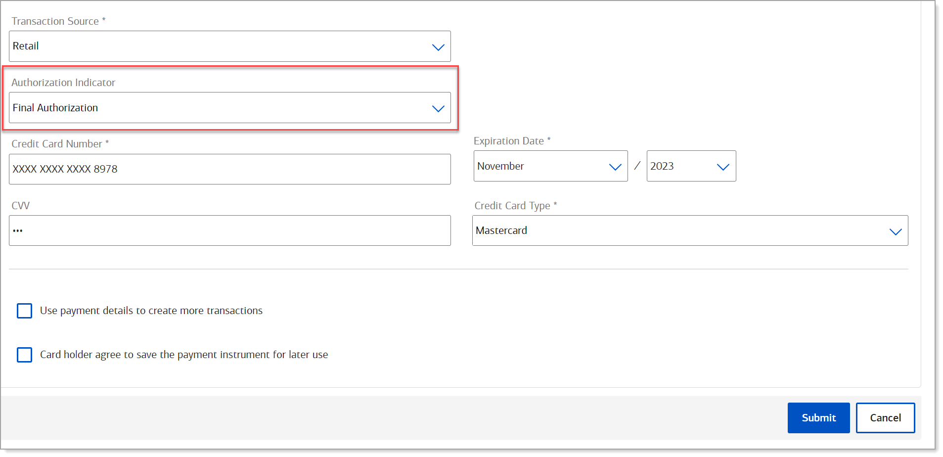 virtual terminal payment information with mastercard auth indicator