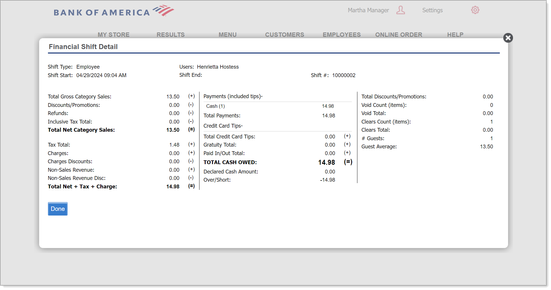 financial shift details screen