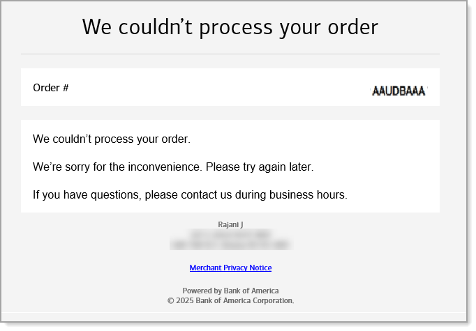 Customer's notification that order could not be processed.