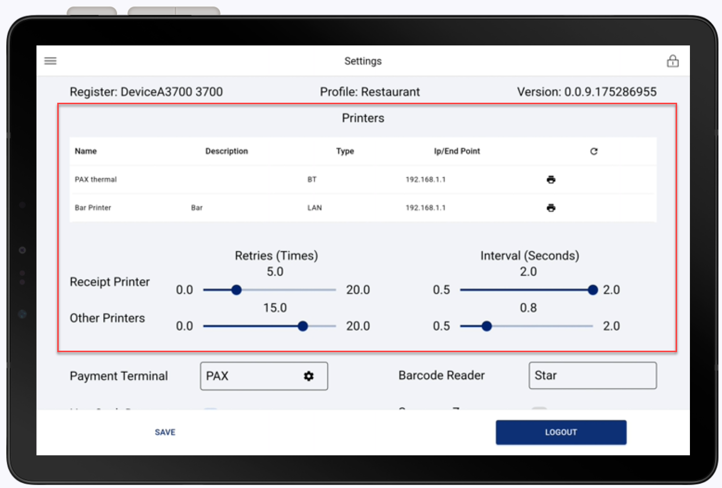 hardware settings with printer configuration highlighted