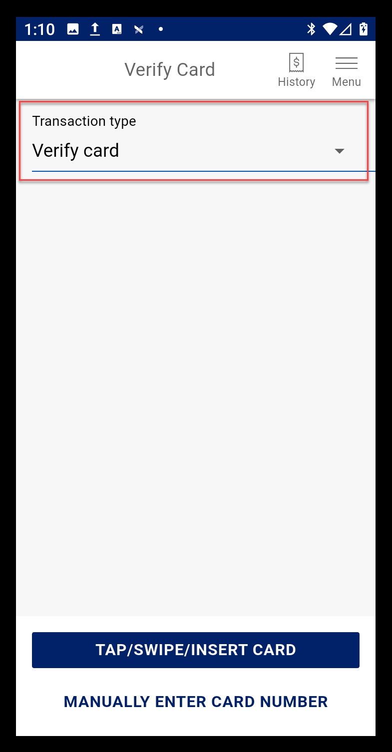 verify card transaction type dropdown