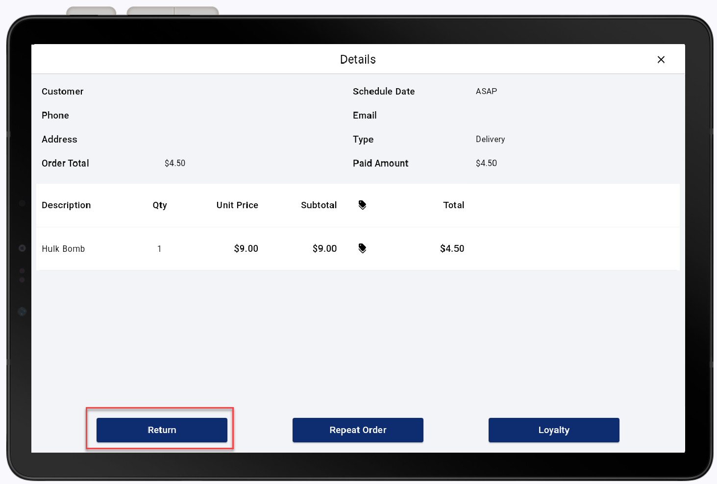order details with return highlighted