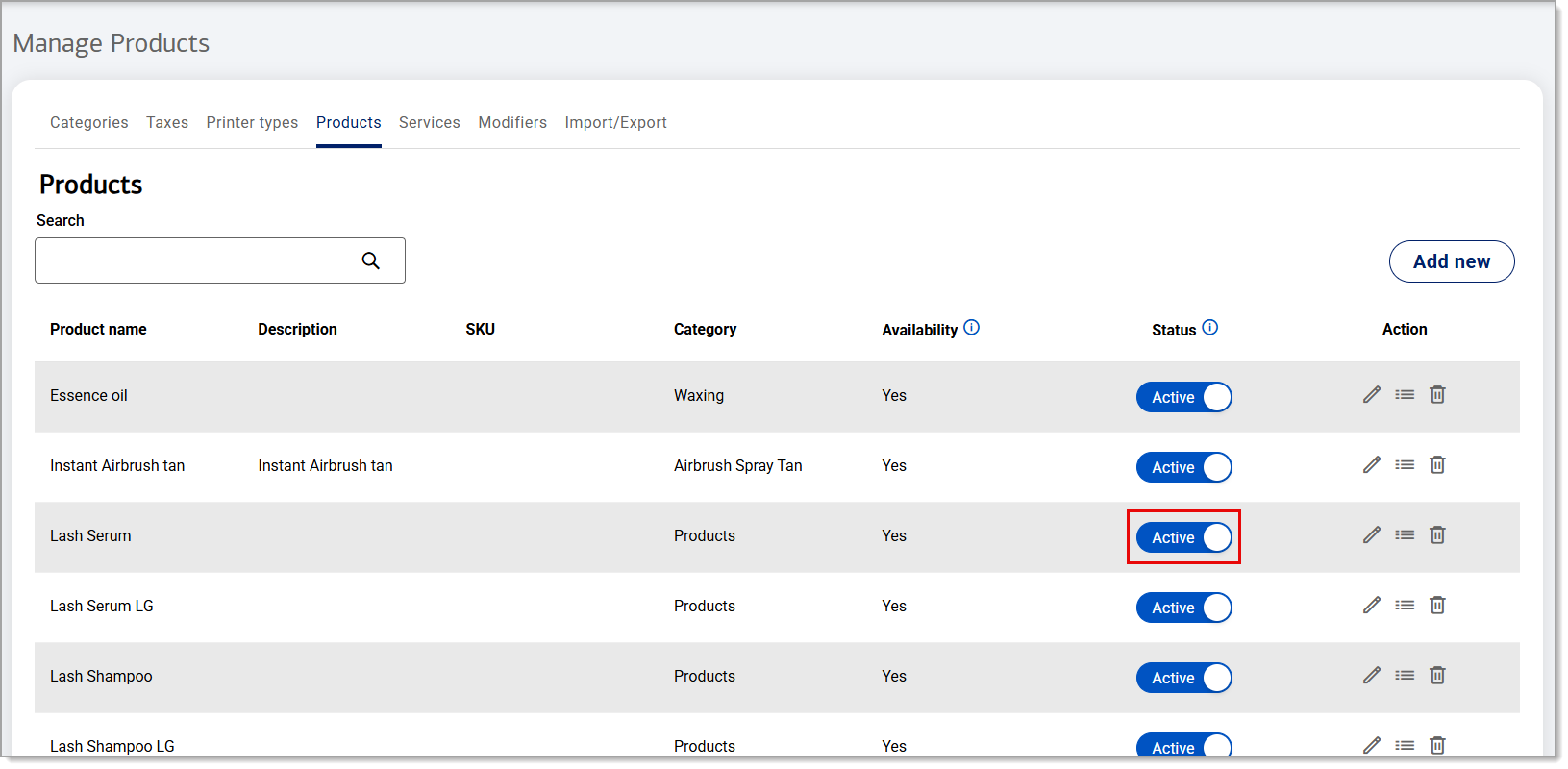 Status toggle highlighted in products search results