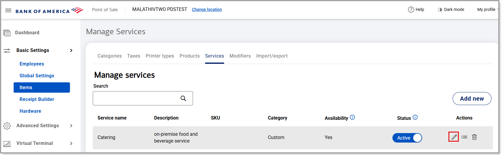 Basic Settings Items Services pencil edit icon