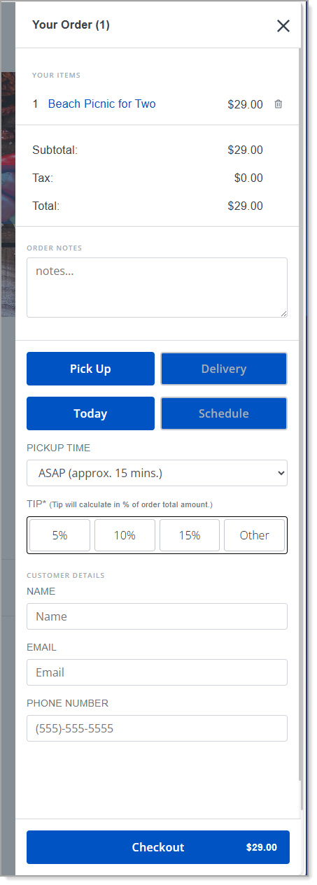 Shopping cart view with instructional buttons and dropdown lists and customer detail fields and an option to checkout