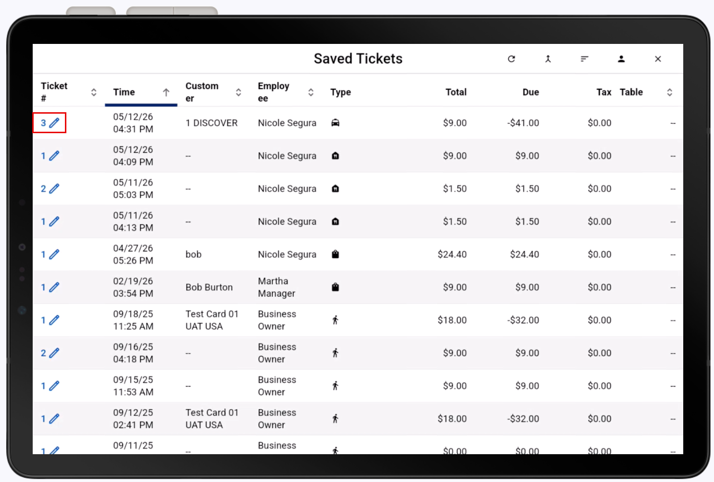 Ticket number highlighted on Saved Tickets display.