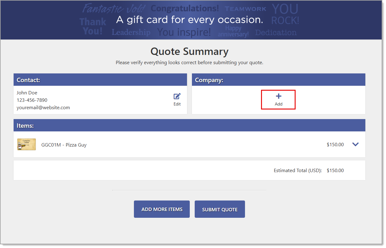 Add highlighted under Company information of Quote Summary.