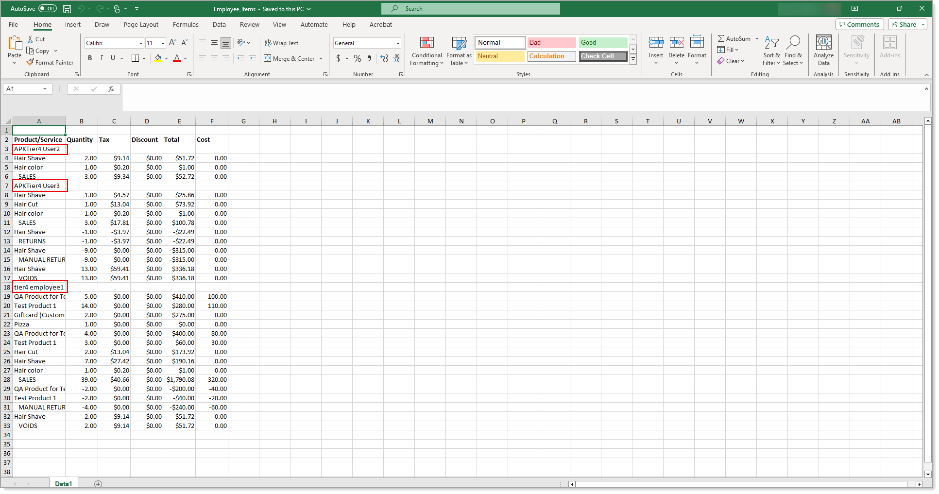 Downloaded report with employees highlighted to show separation