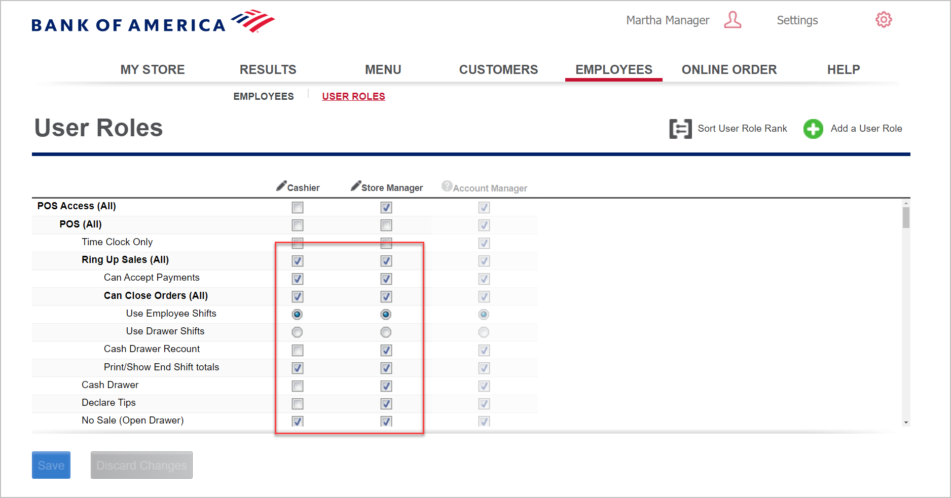 User roles screen where permissions are selected per employee role