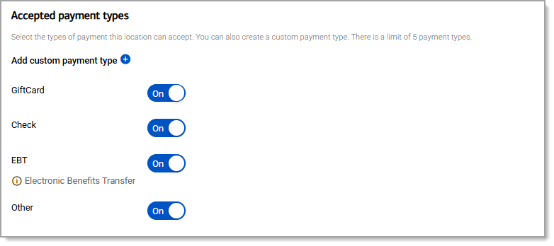 Accepted payment types section to add custom payment types and toggles to allow additional payment types.