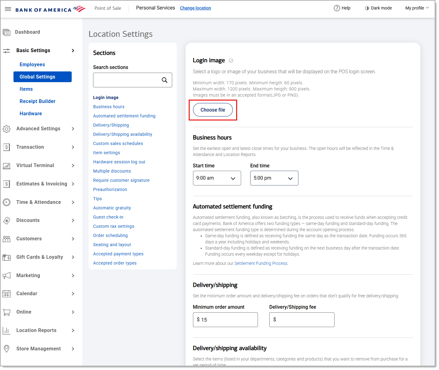 Location settings screen with Choose file highlighted under Login image.
