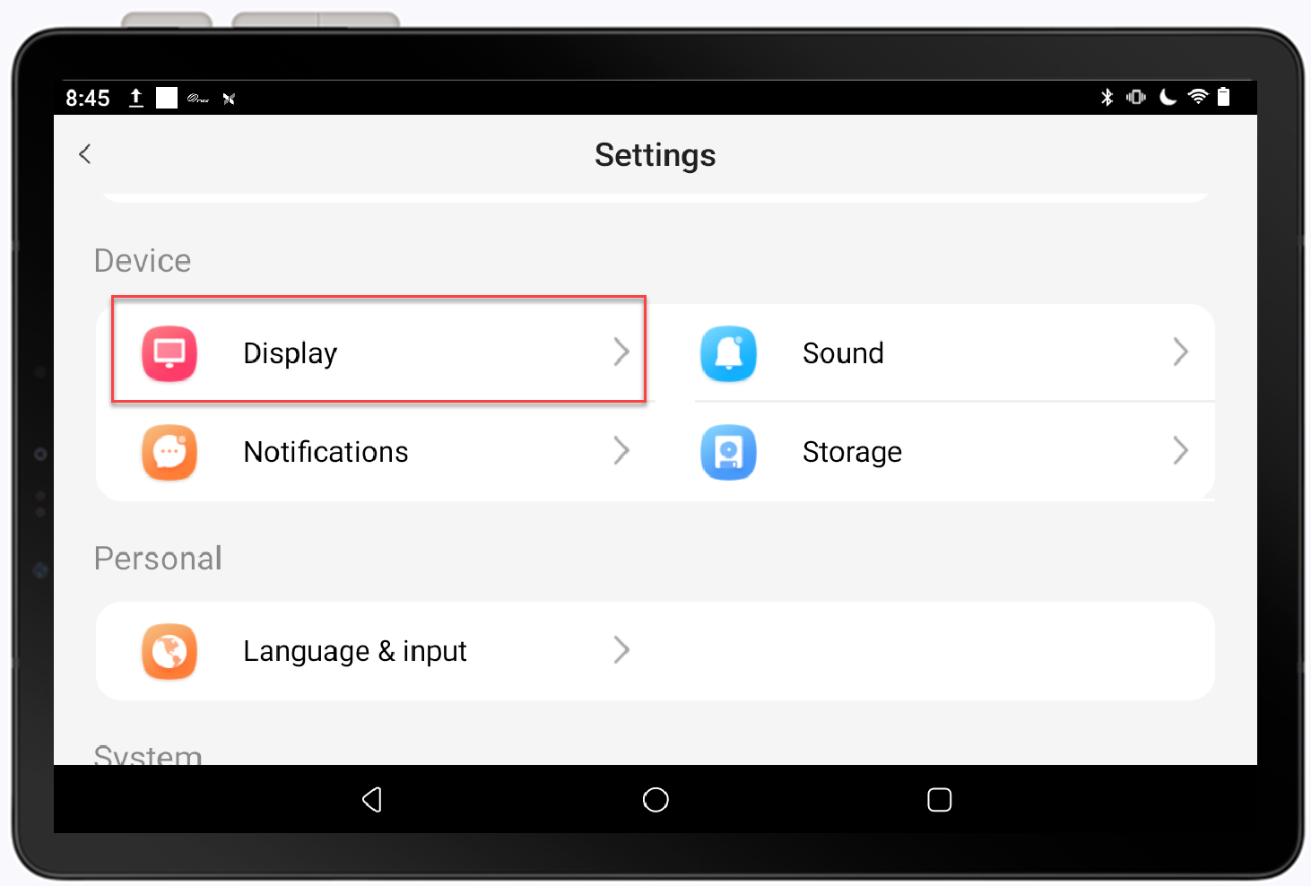 display option in settings
