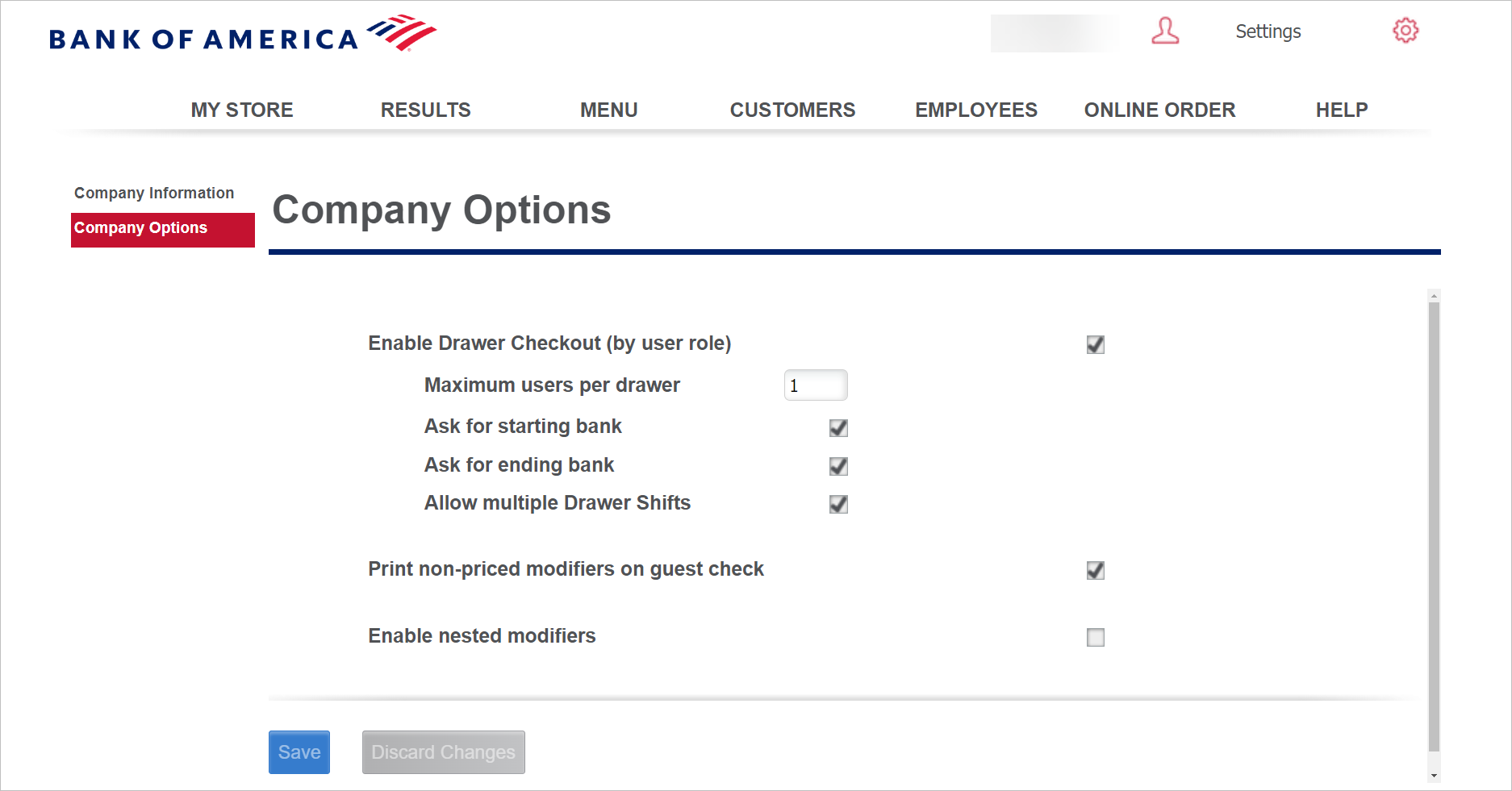 company options screen