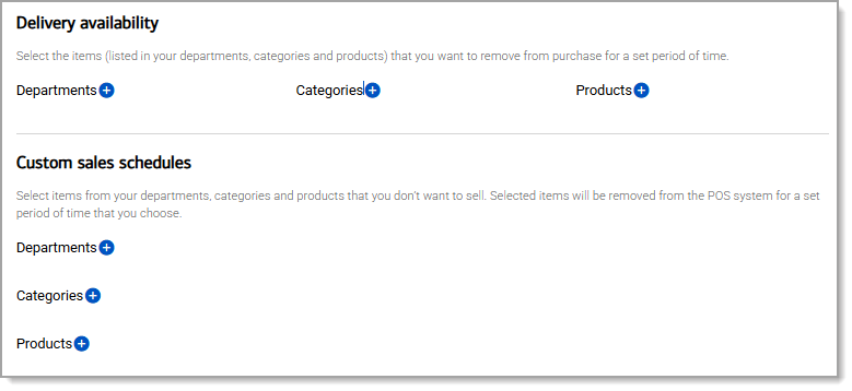 Delivery availability section with adjustable features including departments, categories, and products.