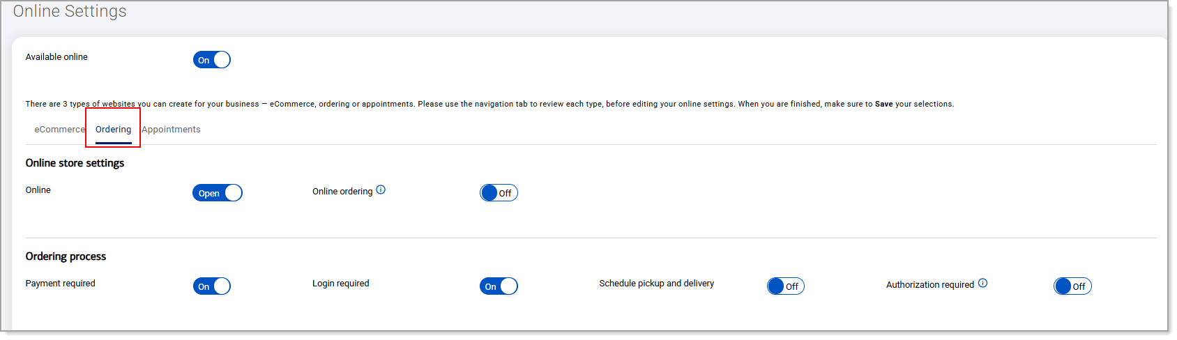 Online Settings Ordering tab