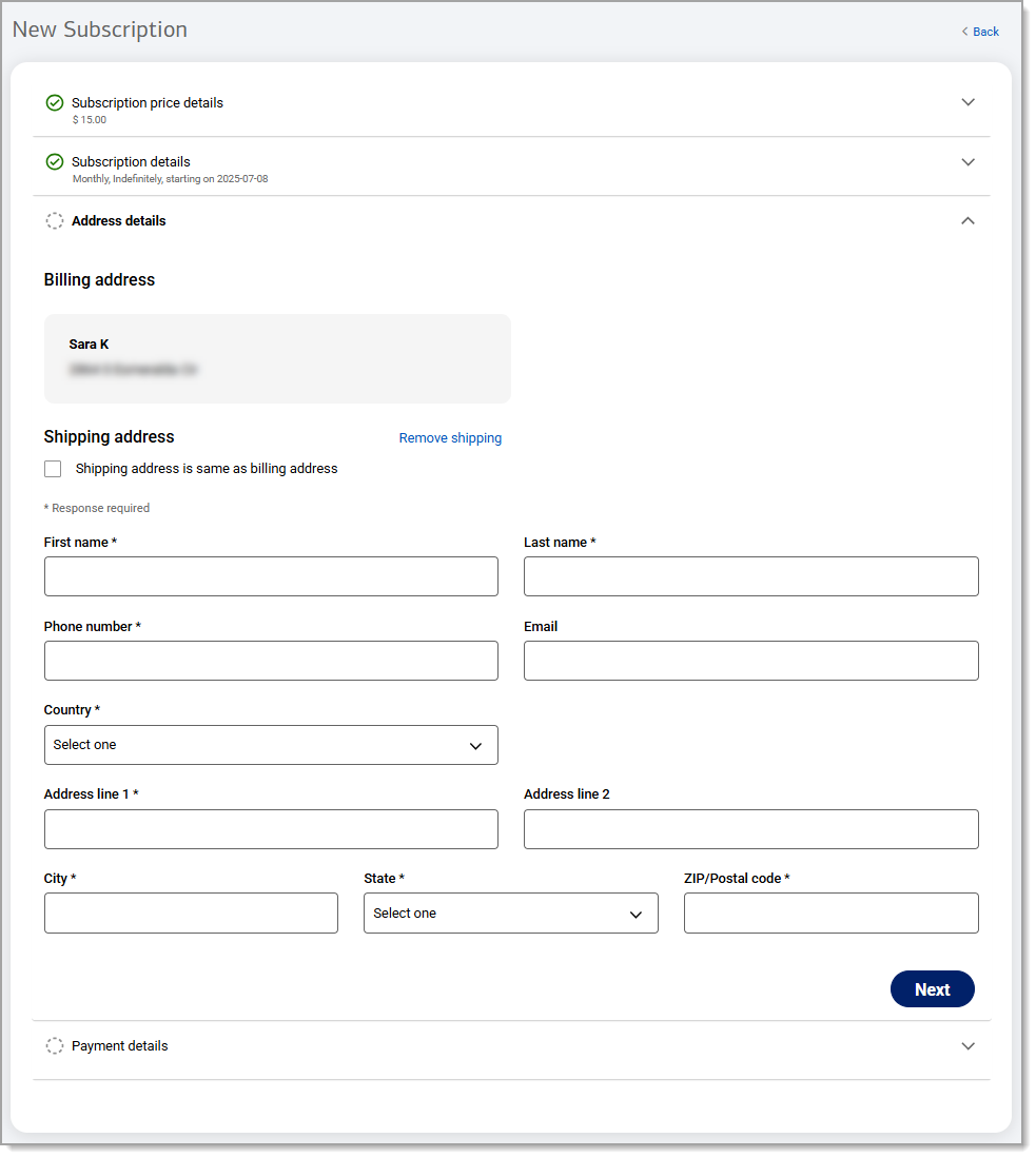 Shipping address fields populated to enter information.