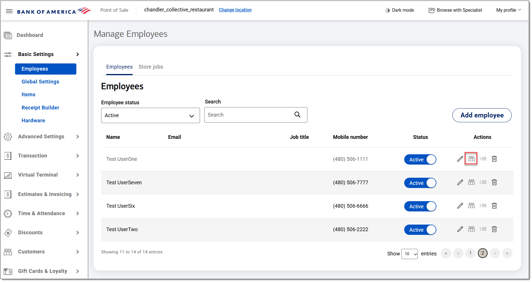 basic settings employees with staff services icon highlighted