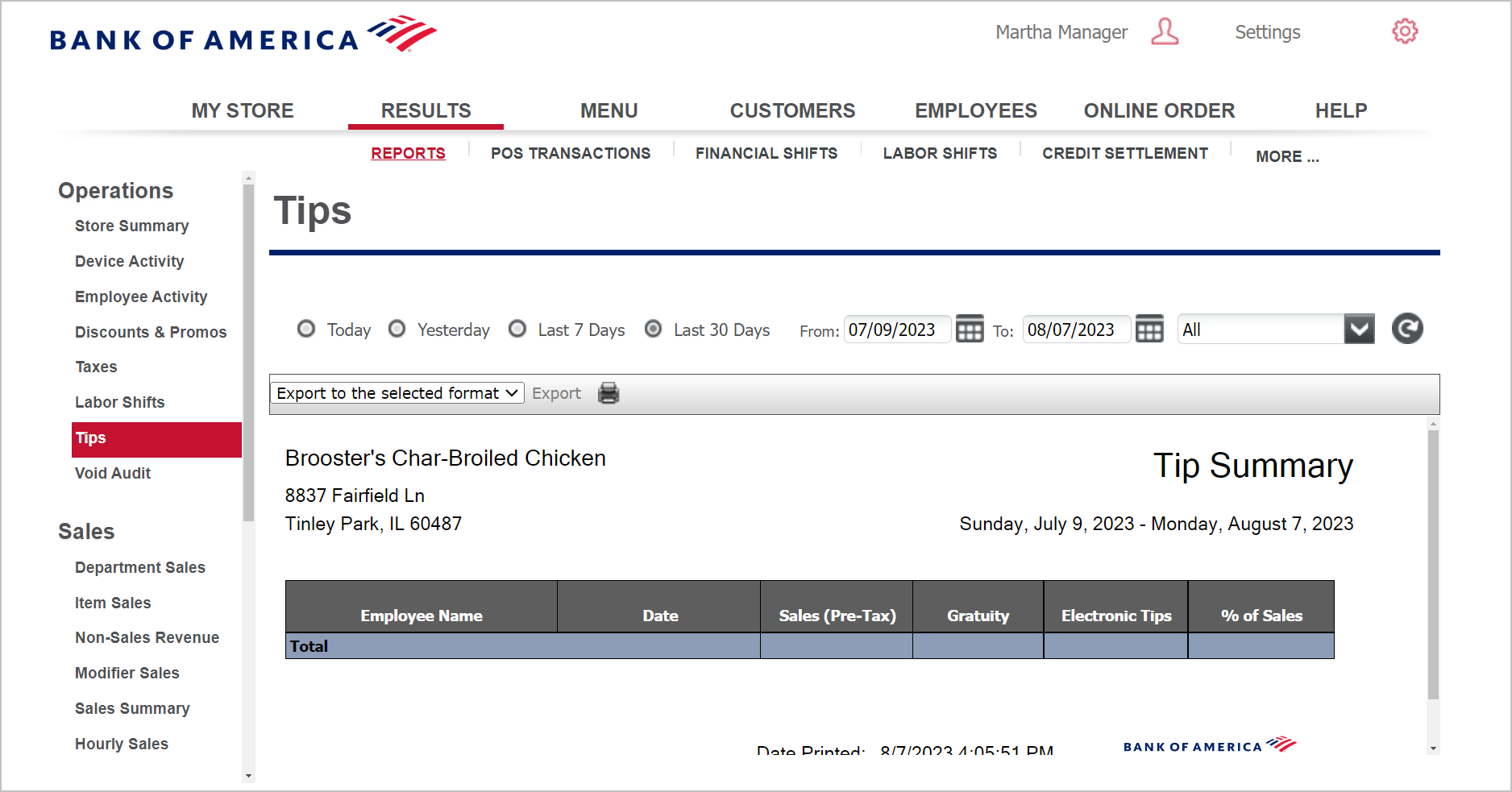 Tips report date range selection field and filter dropdown menu