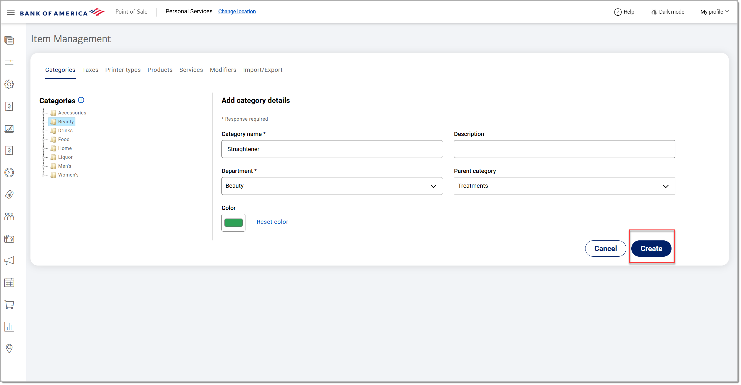 add a category with create button highlighted