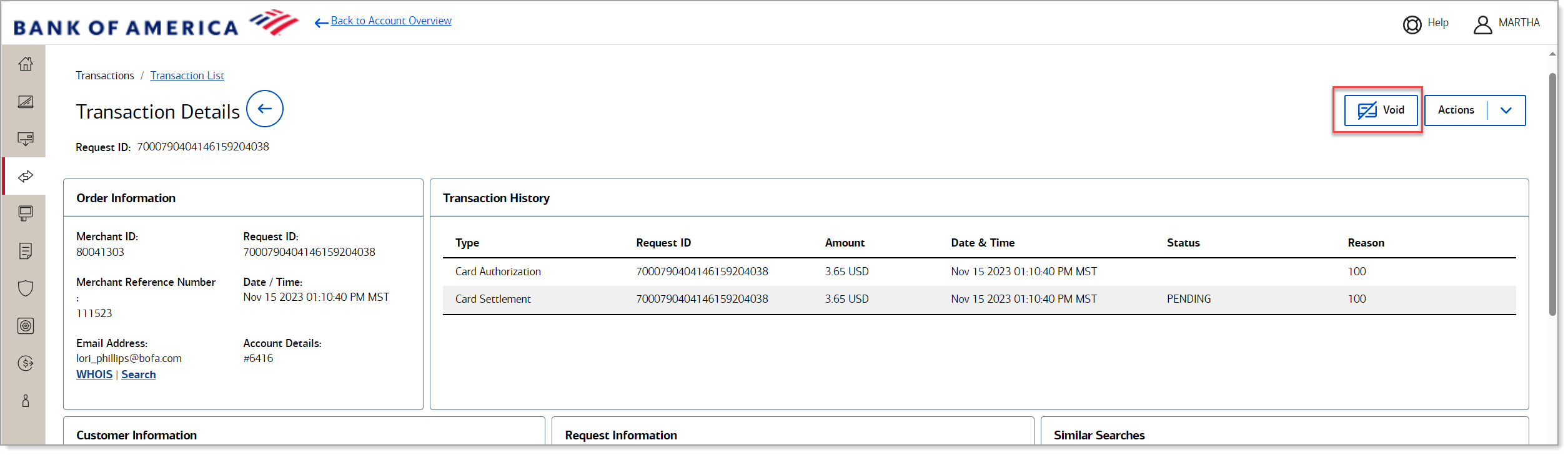 transaction details with void button highight