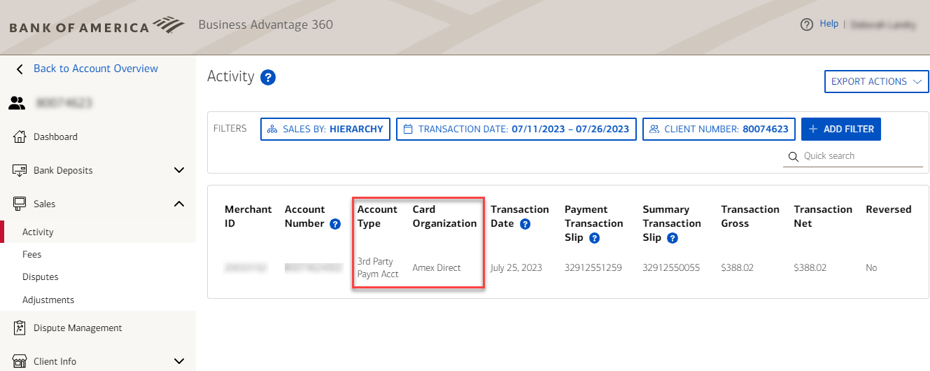 Merchant Services Sales Activity in online banking showing the Account Type as 3rd Party Paym Acct and the Card Organization as Amex Direct.