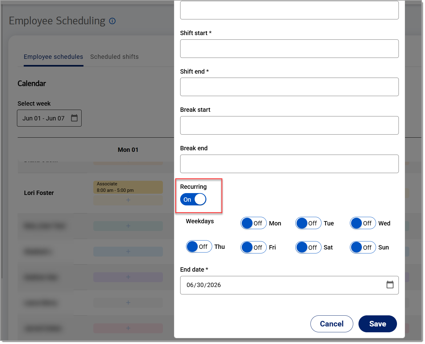 employee shift recurring options