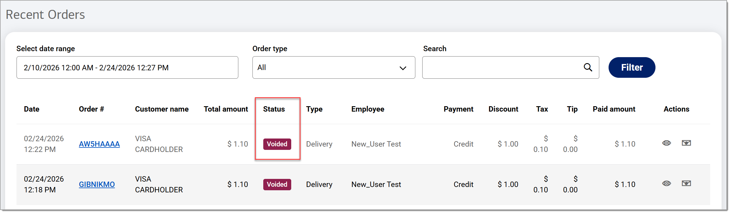 Refunded status in Recent Orders view