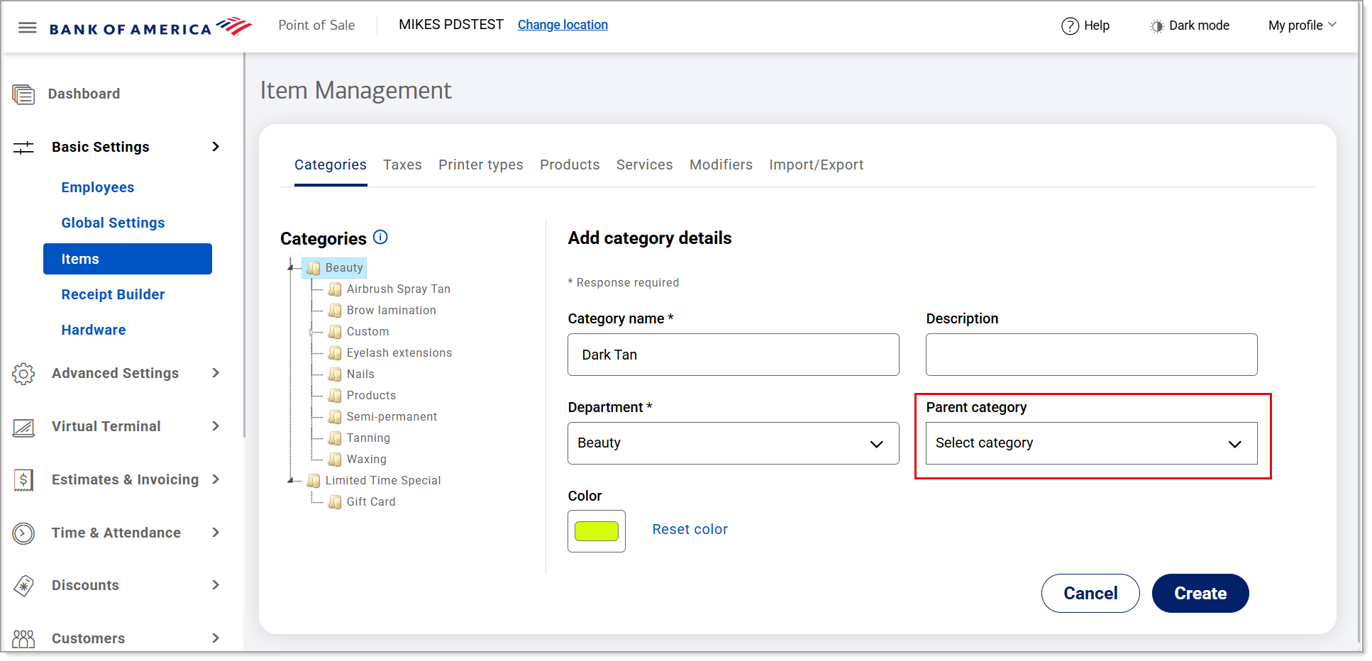 Parent category dropdown