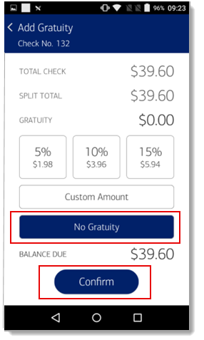 Add Gratuity screen - No Gratuity highlighted.