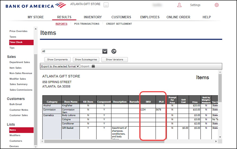 Items list screen with SKU and PLU columns highlighted