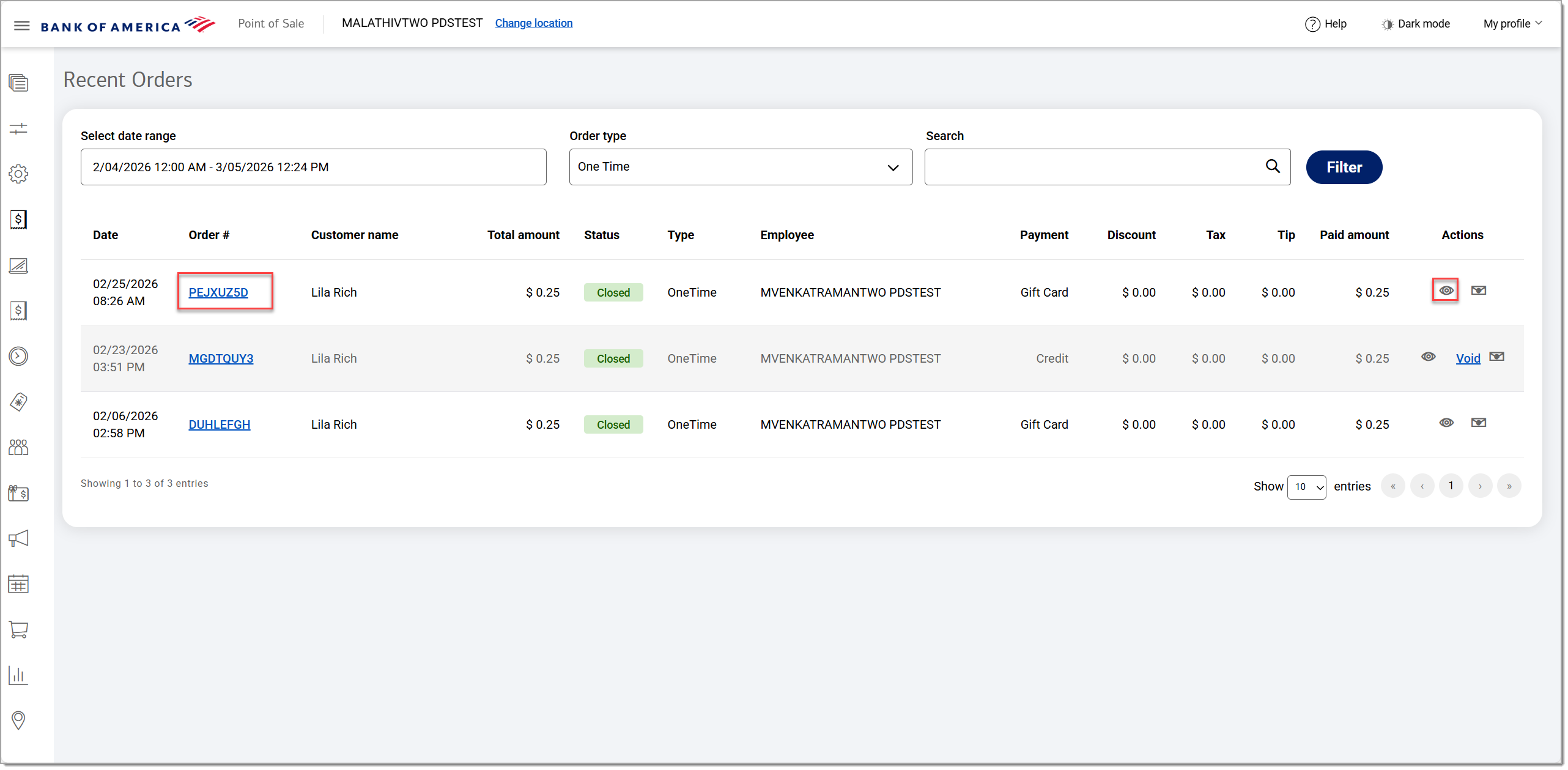 view order details by selecting the order number link or the order icon on the right