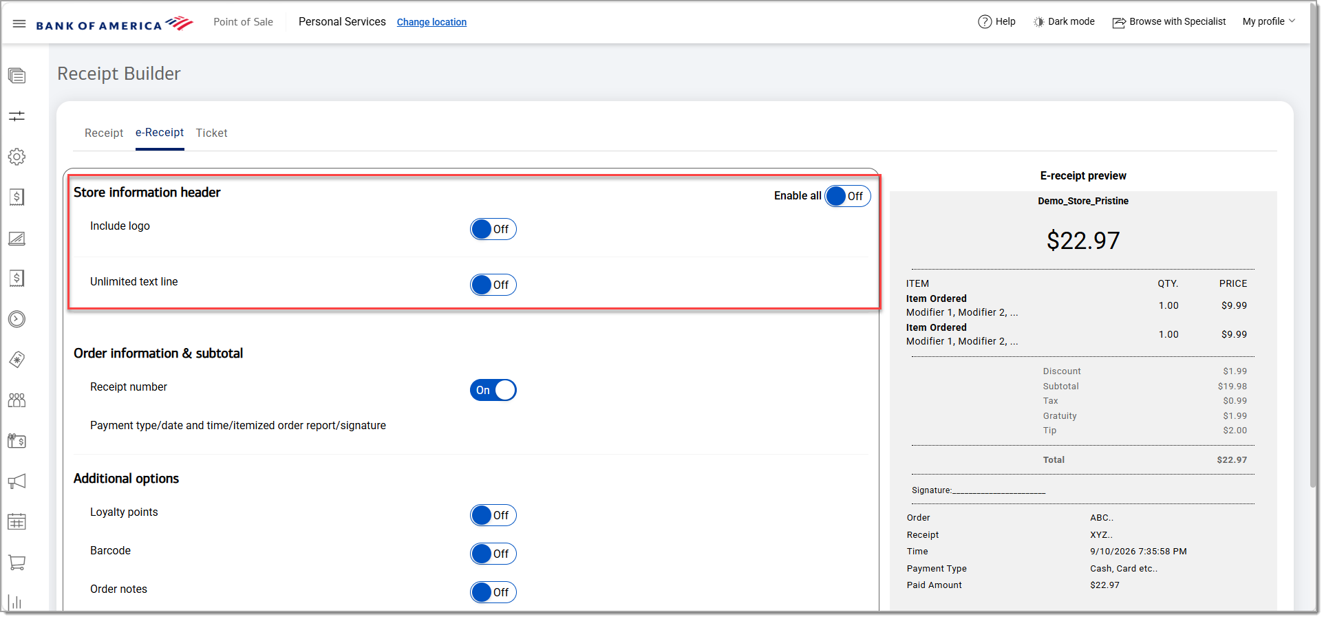 ereceipt store information header fields